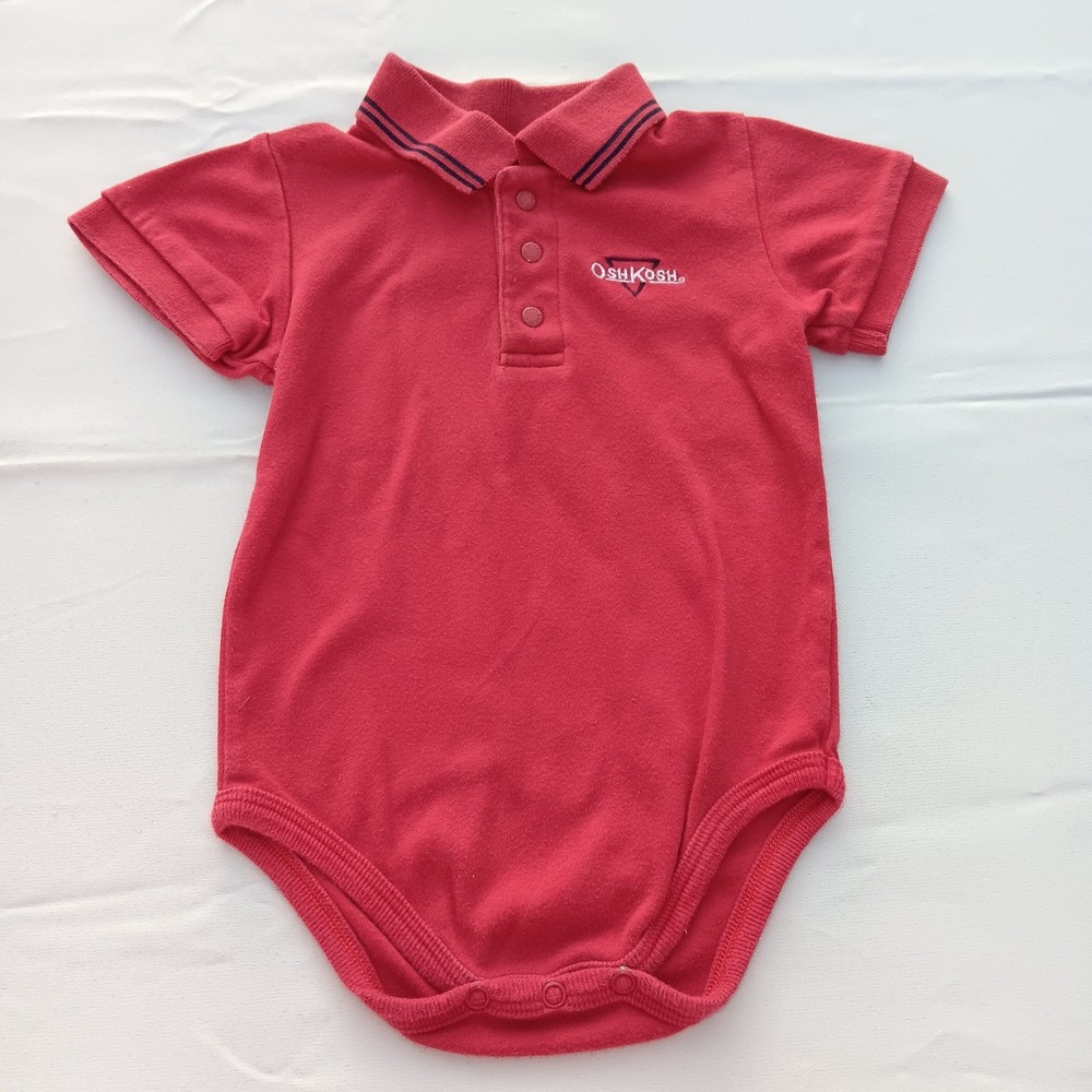 VTG OshKosh B'gosh Baby Polo Bodysuit 18M Red Blue 90s One Piece‎ Romper Snaps